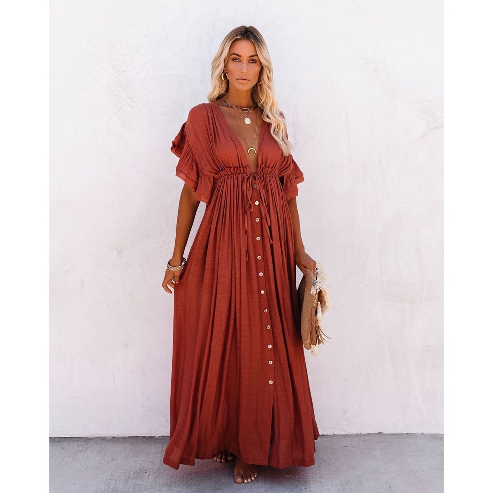 Flawless Rust Orange Gauze Flutter Sleeve Button Front Maxi Dress Small